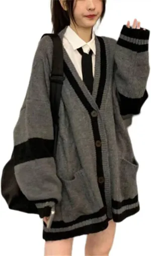 Women's Harajuku Korean Style Loose V-Neck Button Knit Cardigan Preppy Jacket Gray