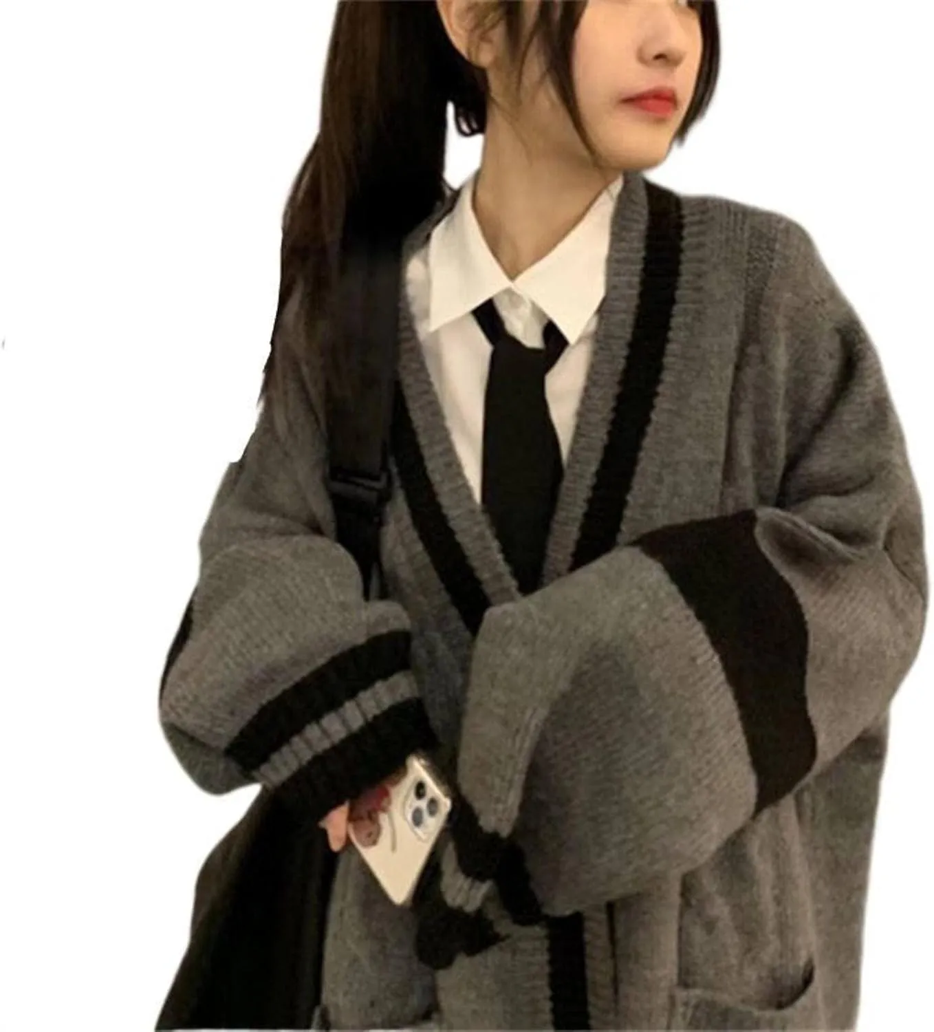 Women's Harajuku Korean Style Loose V-Neck Button Knit Cardigan Preppy Jacket Gray