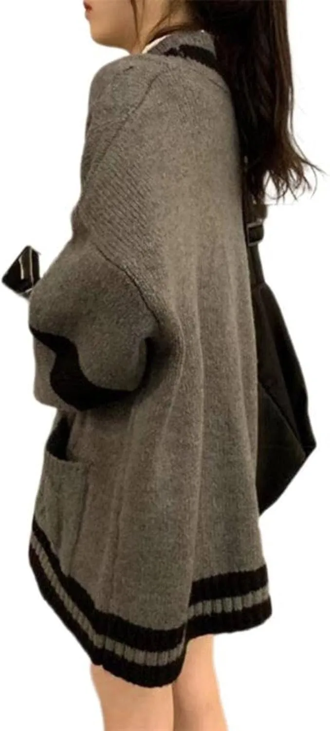 Women's Harajuku Korean Style Loose V-Neck Button Knit Cardigan Preppy Jacket Gray