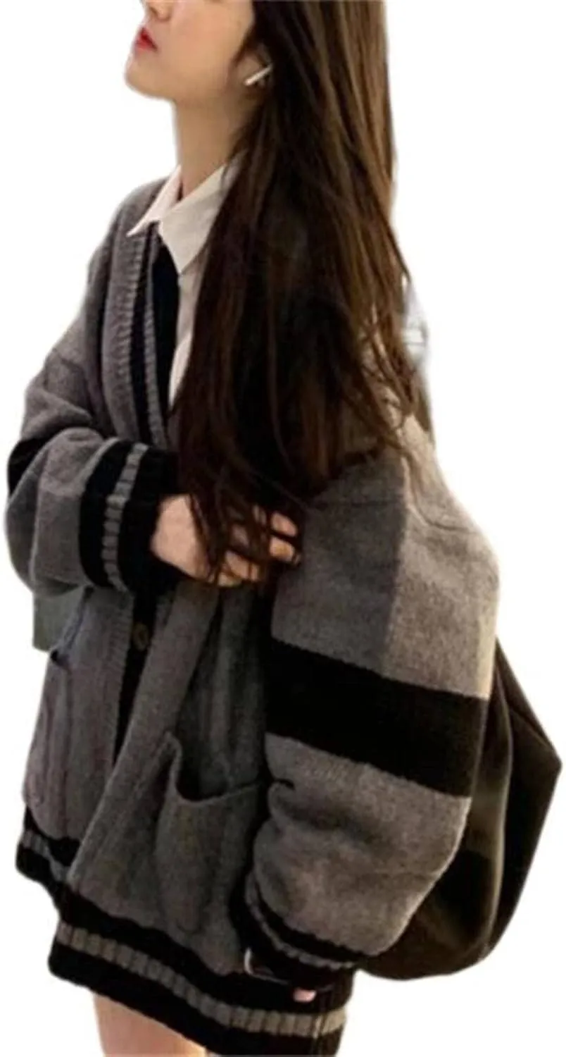 Women's Harajuku Korean Style Loose V-Neck Button Knit Cardigan Preppy Jacket Gray