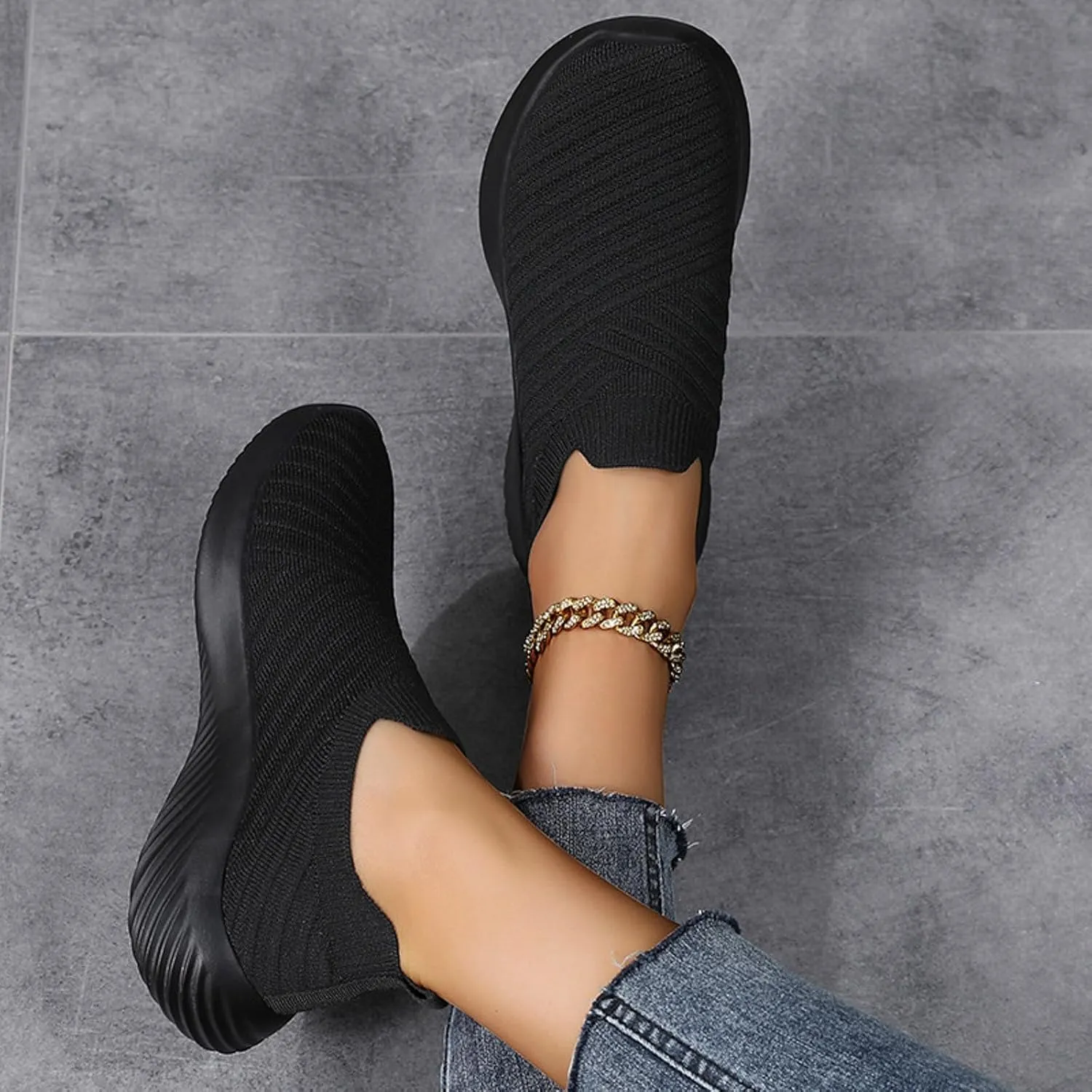 Women's Knit Slip-On Athletic Shoes - Lightweight Breathable Sneakers Cushioned Comfort Sock Shoes, Slip on Walking Shoes for Running, Gym, Tennis, Workout, Travel and Casual Wear
