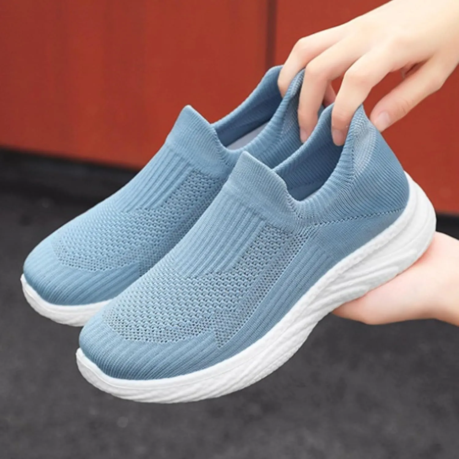 Women's Knit Slip-On Athletic Shoes - Lightweight Breathable Sneakers Cushioned Comfort Sock Shoes, Slip on Walking Shoes for Running, Gym, Tennis, Workout, Travel and Casual Wear