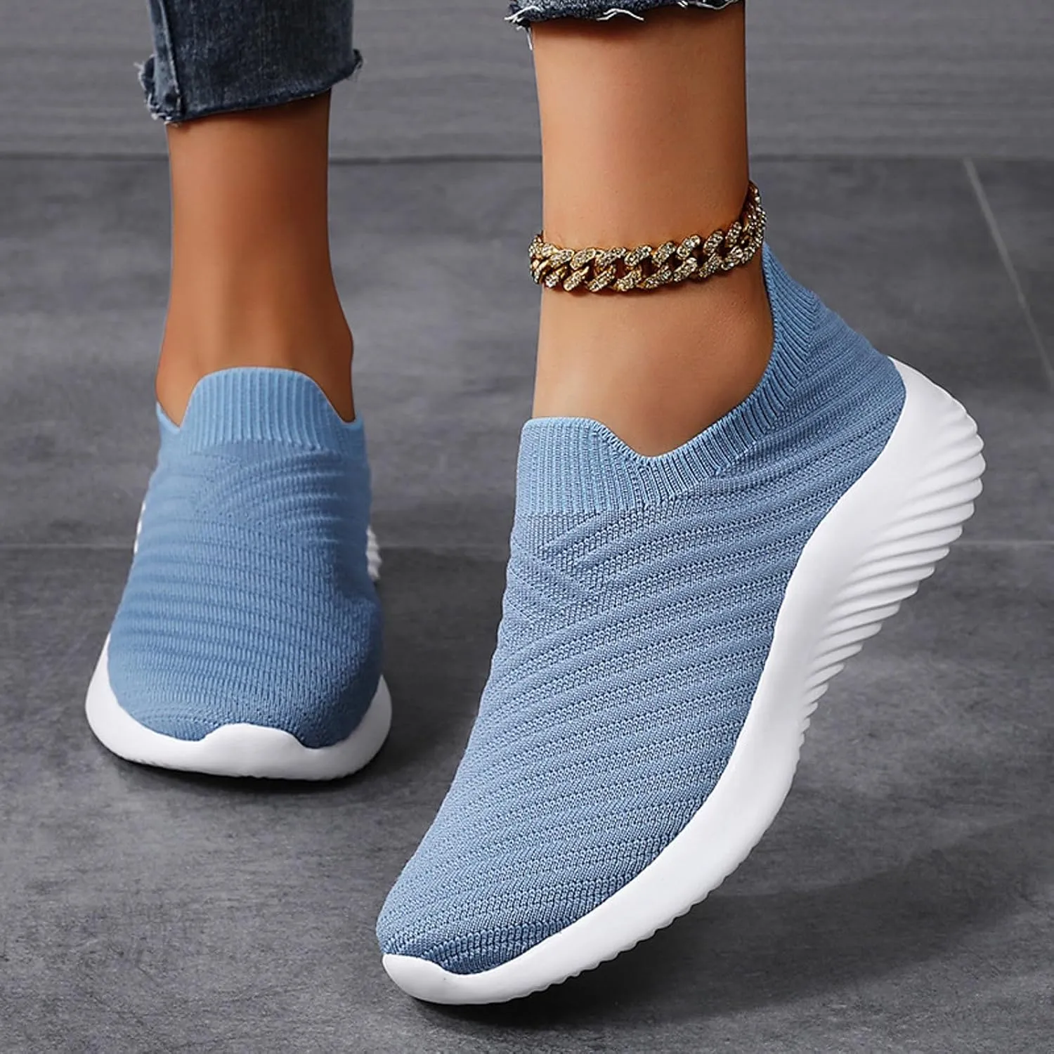 Women's Knit Slip-On Athletic Shoes - Lightweight Breathable Sneakers Cushioned Comfort Sock Shoes, Slip on Walking Shoes for Running, Gym, Tennis, Workout, Travel and Casual Wear