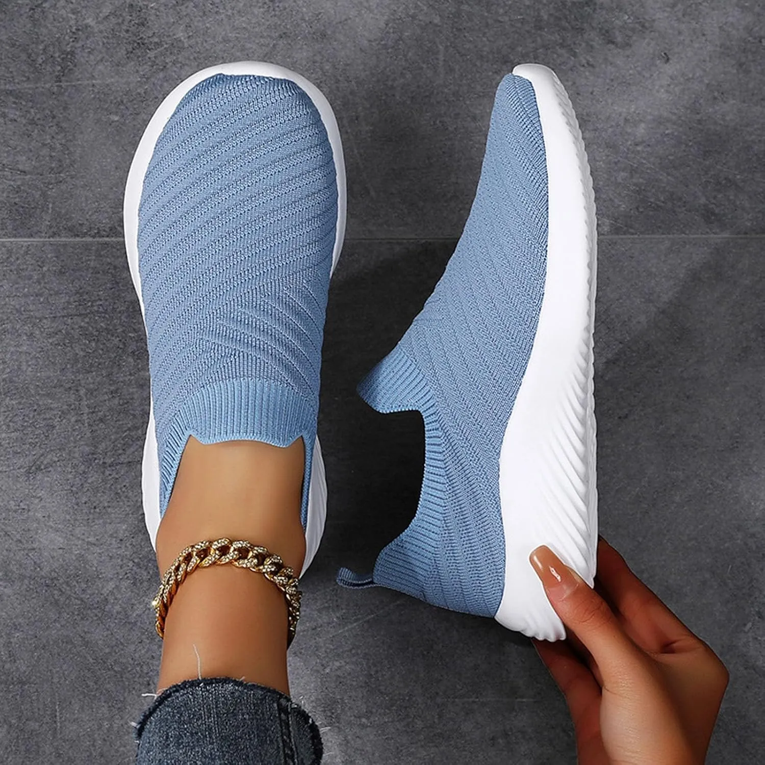 Women's Knit Slip-On Athletic Shoes - Lightweight Breathable Sneakers Cushioned Comfort Sock Shoes, Slip on Walking Shoes for Running, Gym, Tennis, Workout, Travel and Casual Wear