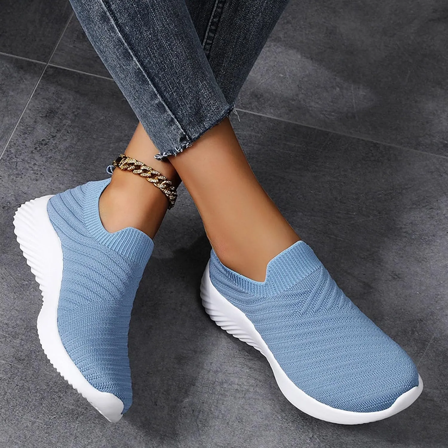 Women's Knit Slip-On Athletic Shoes - Lightweight Breathable Sneakers Cushioned Comfort Sock Shoes, Slip on Walking Shoes for Running, Gym, Tennis, Workout, Travel and Casual Wear