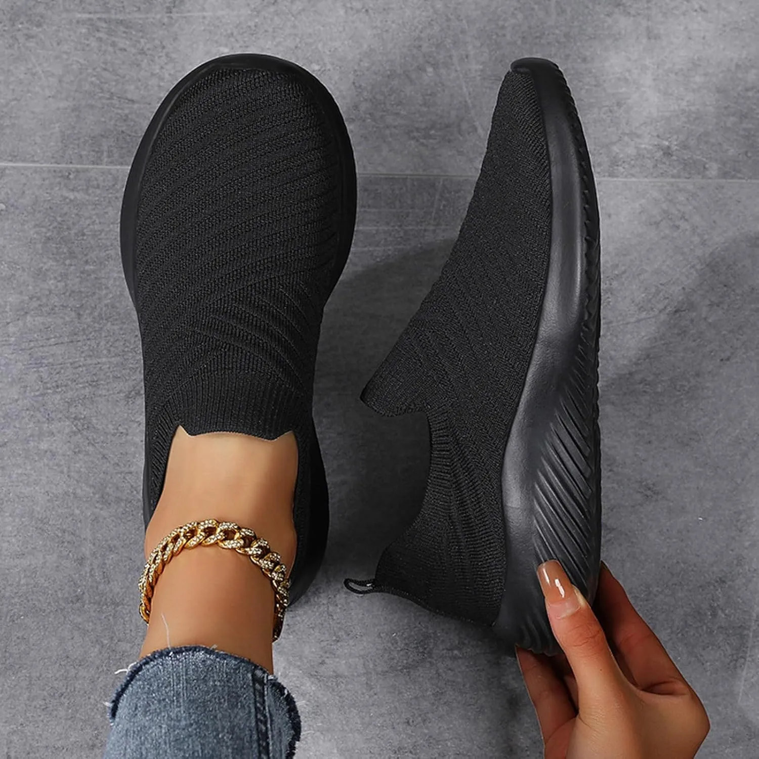 Women's Knit Slip-On Athletic Shoes - Lightweight Breathable Sneakers Cushioned Comfort Sock Shoes, Slip on Walking Shoes for Running, Gym, Tennis, Workout, Travel and Casual Wear