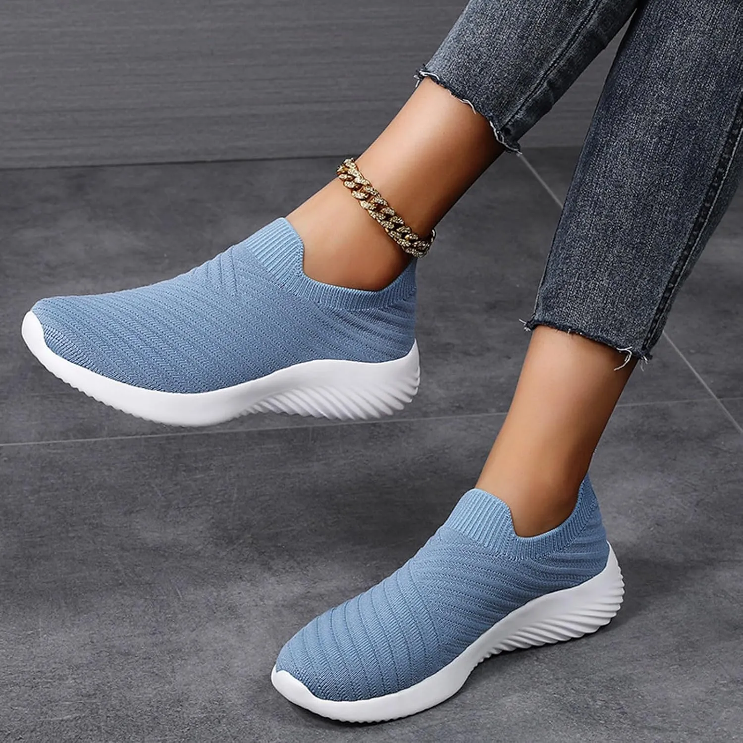 Women's Knit Slip-On Athletic Shoes - Lightweight Breathable Sneakers Cushioned Comfort Sock Shoes, Slip on Walking Shoes for Running, Gym, Tennis, Workout, Travel and Casual Wear