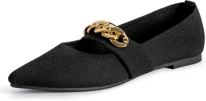 Women's Knitted Mary Jane Flat Shoes,Comfortable Slip on Pointed Toe Ankle Strap Metal Chain Loafers Casual Dressy Work Office Shoes