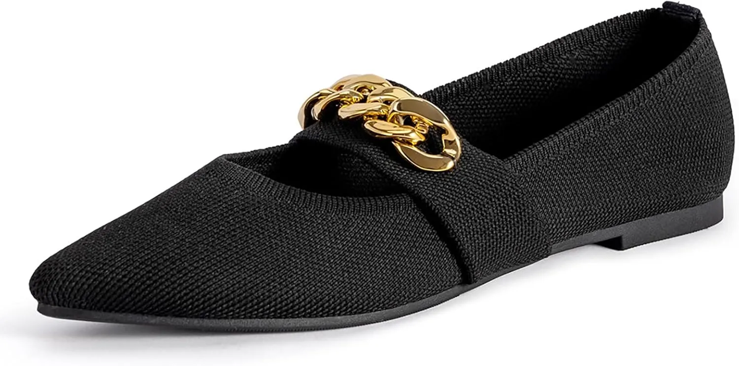 Women's Knitted Mary Jane Flat Shoes,Comfortable Slip on Pointed Toe Ankle Strap Metal Chain Loafers Casual Dressy Work Office Shoes