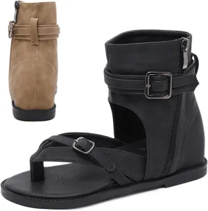 Women's Leather High Top Clip Toe Flat Roman Sandals, Retro Boho Comfortable Open Toe Flip Flops Sandals with Side Zipper,Non-Slip Summer Casual Cowboy Y2k Sandals