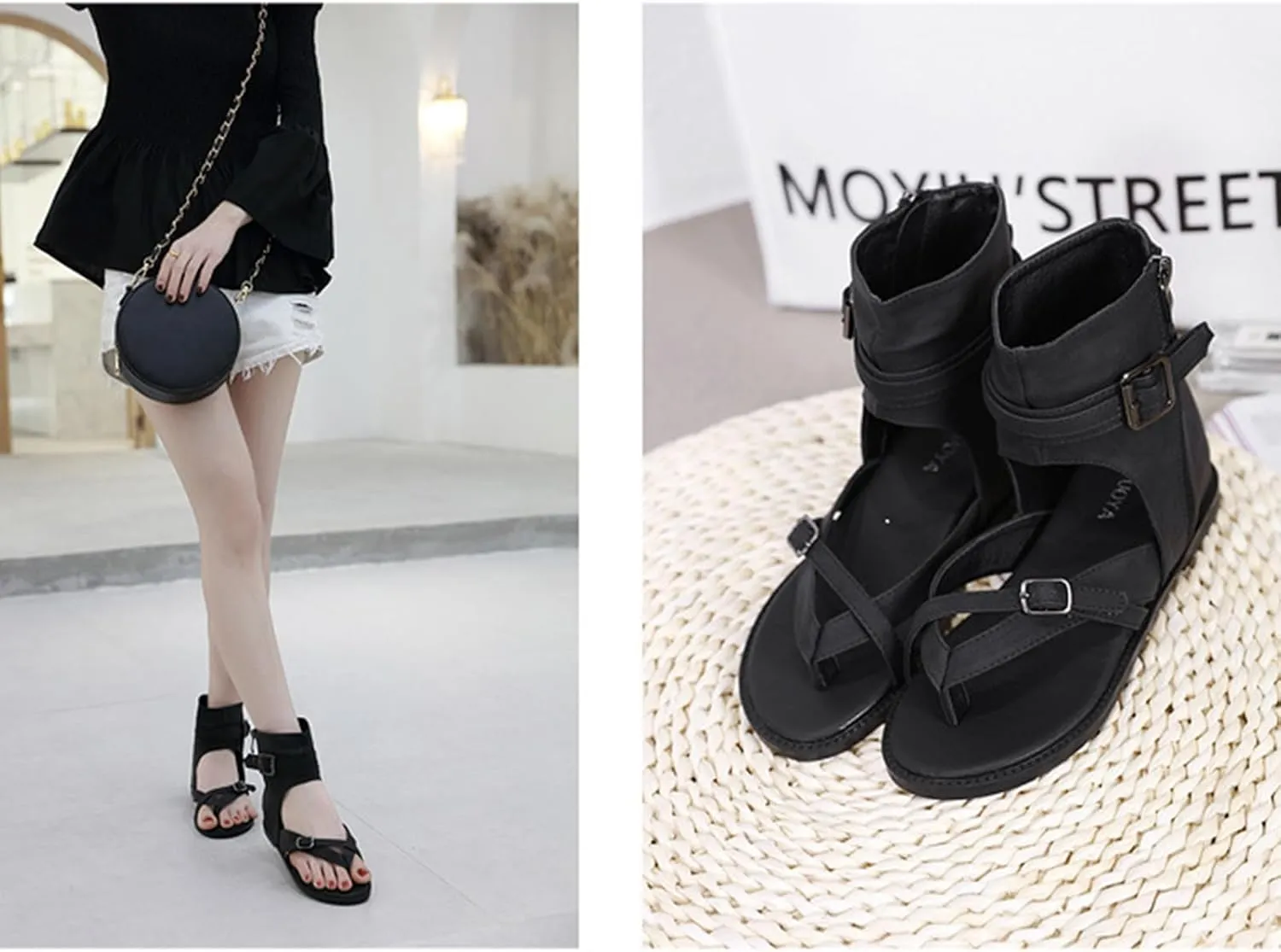 Women's Leather High Top Clip Toe Flat Roman Sandals, Retro Boho Comfortable Open Toe Flip Flops Sandals with Side Zipper,Non-Slip Summer Casual Cowboy Y2k Sandals