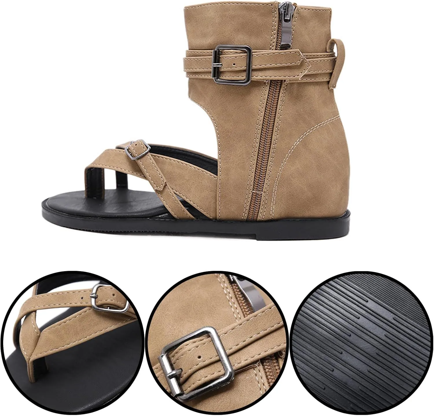 Women's Leather High Top Clip Toe Flat Roman Sandals, Retro Boho Comfortable Open Toe Flip Flops Sandals with Side Zipper,Non-Slip Summer Casual Cowboy Y2k Sandals