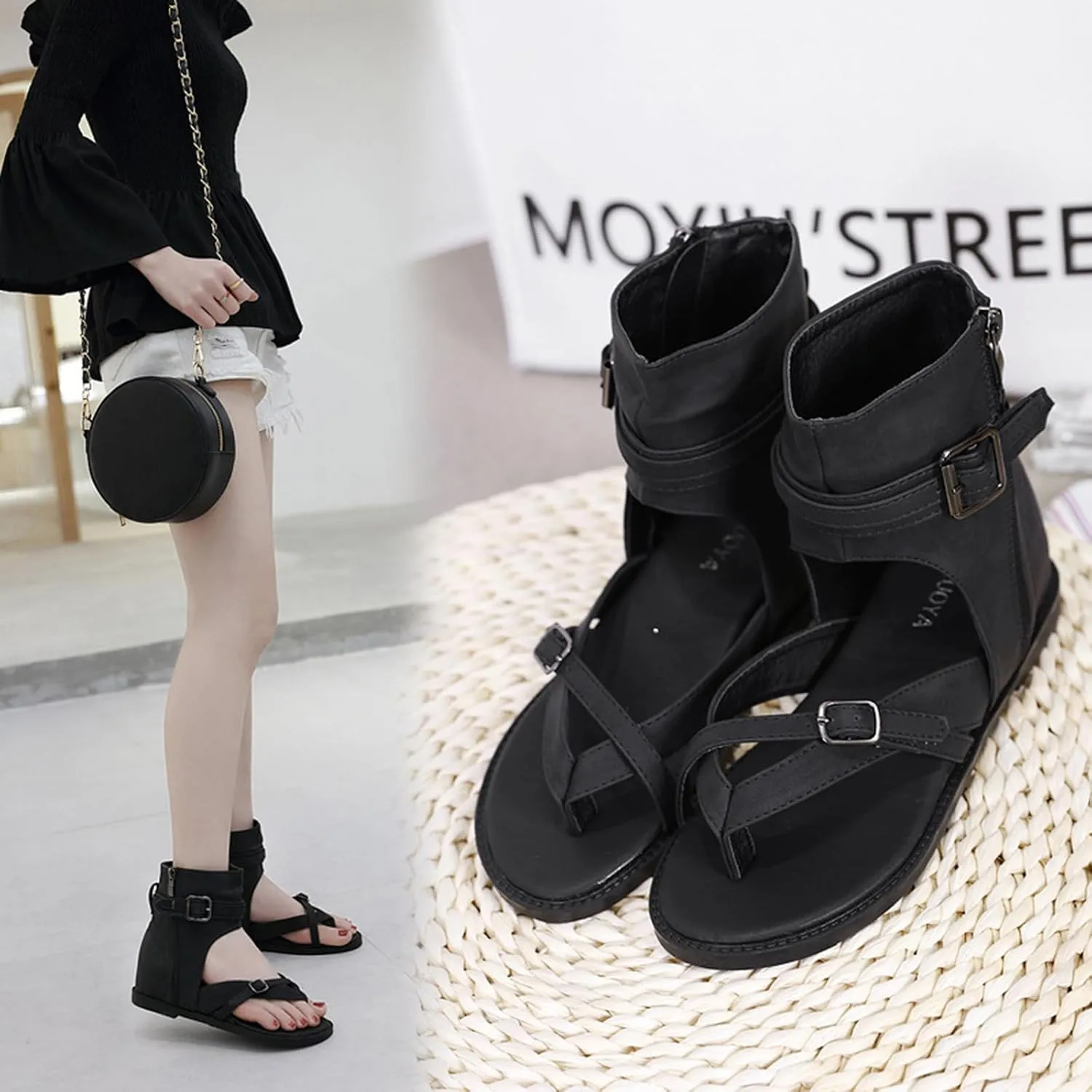 Women's Leather High Top Clip Toe Flat Roman Sandals, Retro Boho Comfortable Open Toe Flip Flops Sandals with Side Zipper,Non-Slip Summer Casual Cowboy Y2k Sandals