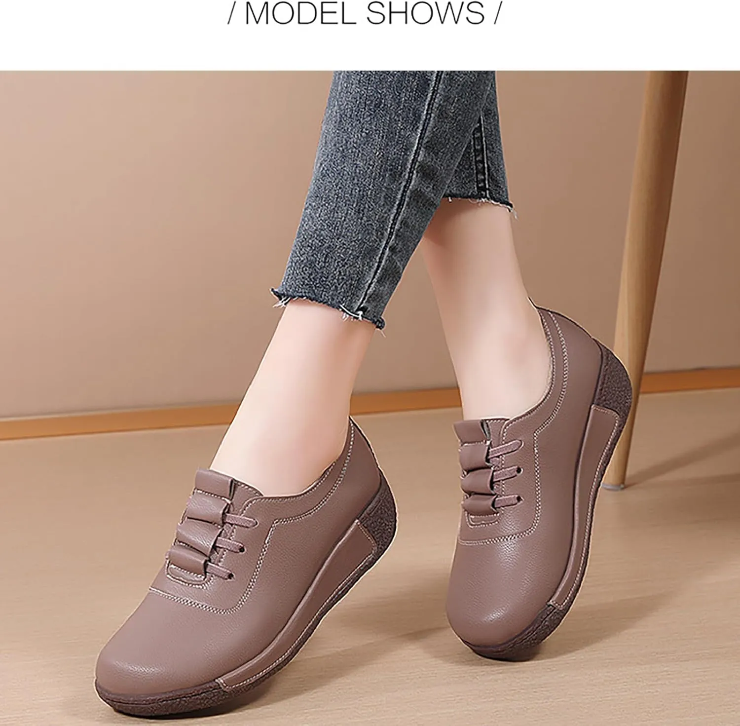 Women's Leather Platform Wedge Rocker Shoes Fashion Round Head Slip-On Thick Heel Walking Loafers Casual Non-Slip Comfort Work Office Dress Shoes