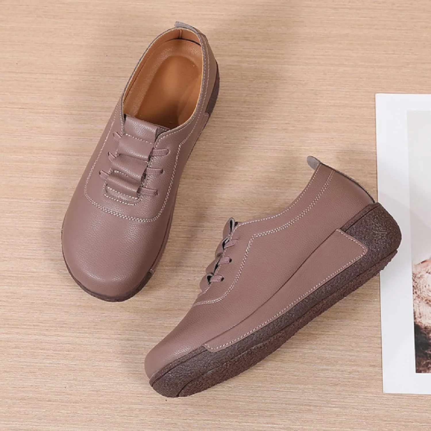 Women's Leather Platform Wedge Rocker Shoes Fashion Round Head Slip-On Thick Heel Walking Loafers Casual Non-Slip Comfort Work Office Dress Shoes