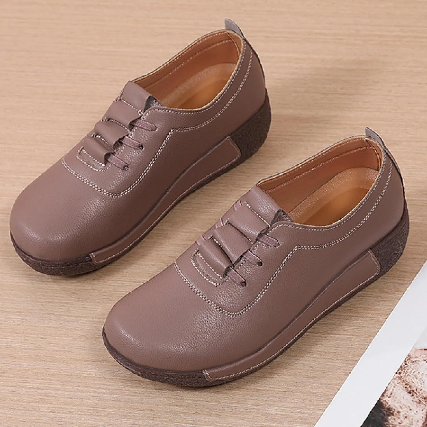 Women's Leather Platform Wedge Rocker Shoes Fashion Round Head Slip-On Thick Heel Walking Loafers Casual Non-Slip Comfort Work Office Dress Shoes