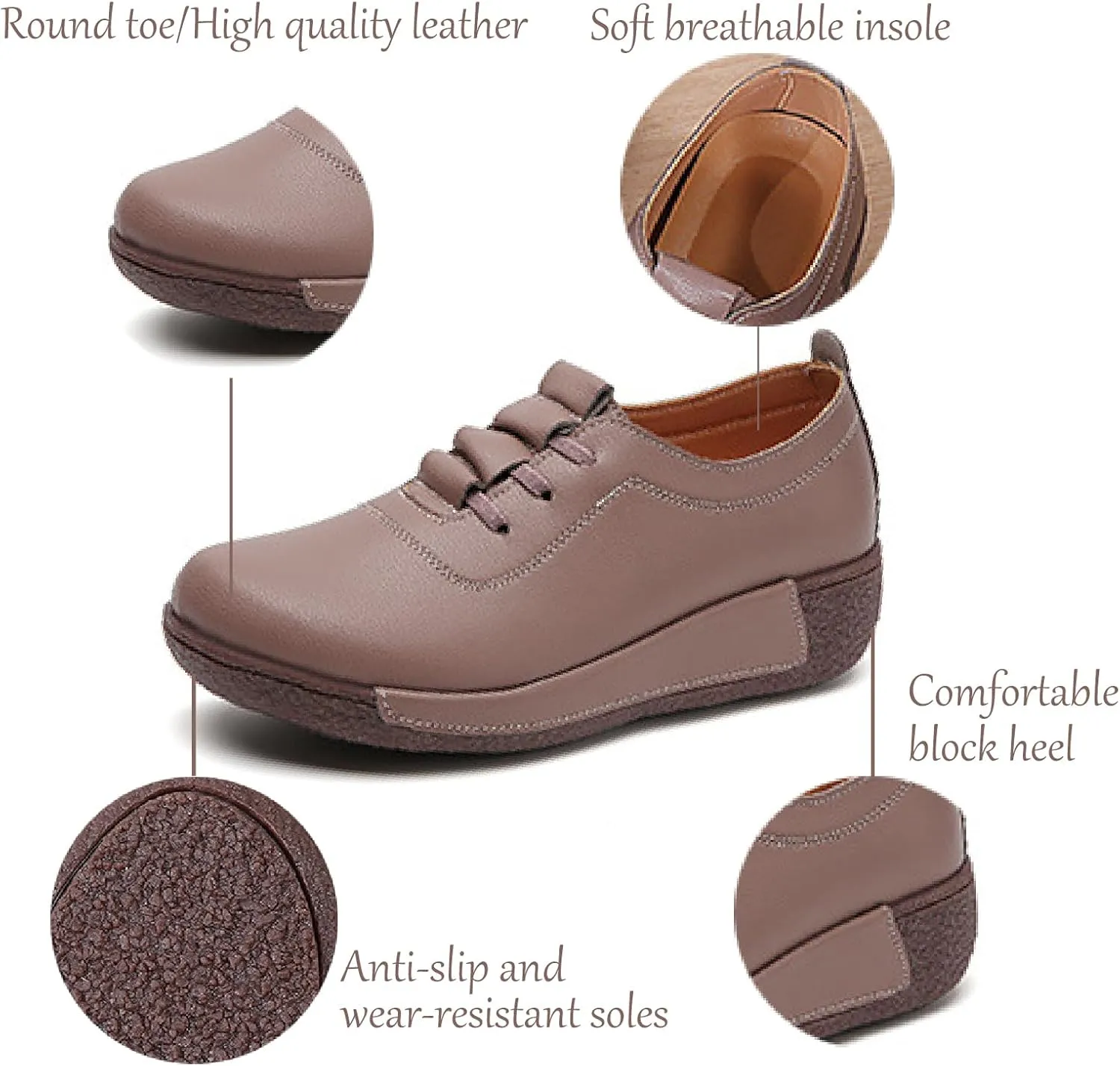 Women's Leather Platform Wedge Rocker Shoes Fashion Round Head Slip-On Thick Heel Walking Loafers Casual Non-Slip Comfort Work Office Dress Shoes