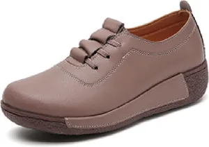 Women's Leather Platform Wedge Rocker Shoes Fashion Round Head Slip-On Thick Heel Walking Loafers Casual Non-Slip Comfort Work Office Dress Shoes