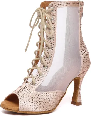 Women's Open Toe Dance Boots Mesh Lace up Ankle Boots Rhinestone Ballroom Dance Shoes
