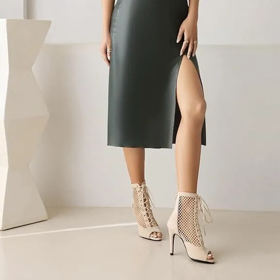 Women's Peep Toe Mesh Stiletto High Heels Ankle Boots Lace Up Summer Latin Dress Shoes Dance Booties for Women