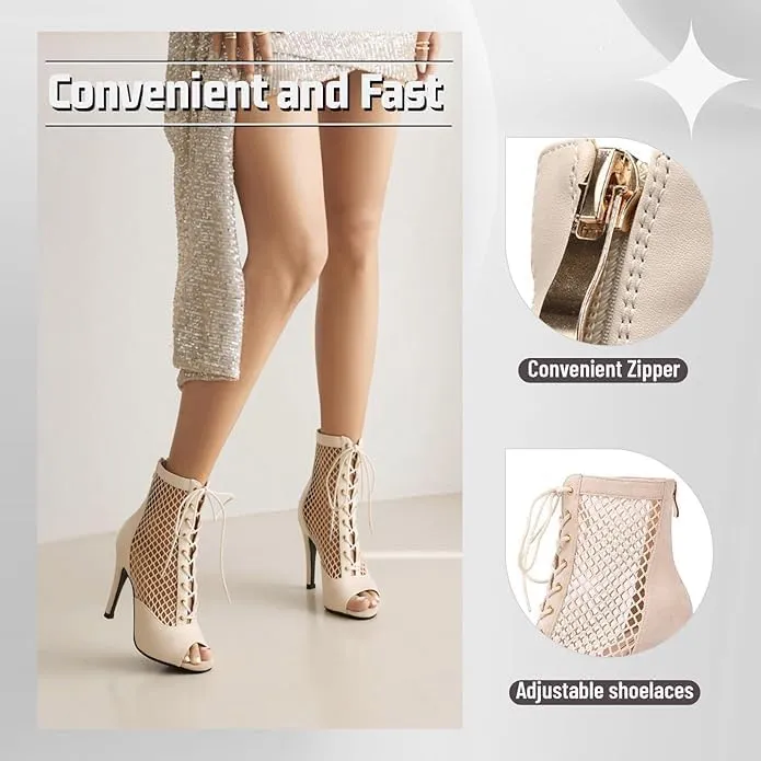 Women's Peep Toe Mesh Stiletto High Heels Ankle Boots Lace Up Summer Latin Dress Shoes Dance Booties for Women
