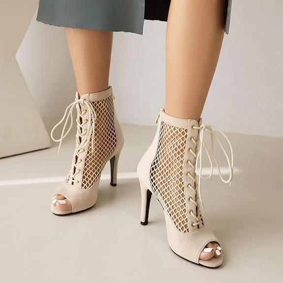 Women's Peep Toe Mesh Stiletto High Heels Ankle Boots Lace Up Summer Latin Dress Shoes Dance Booties for Women