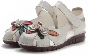 Women's Retro Genuine Leather Flowers Closed Toe Hollow Flat Sandals Comfy Breathe Anti-Slip Softsole Adjustable Ankle Strap Summer Mary Jane Shoes