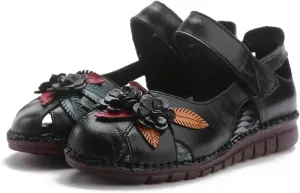 Women's Retro Genuine Leather Flowers Closed Toe Hollow Flat Sandals Comfy Breathe Anti-Slip Softsole Adjustable Ankle Strap Summer Mary Jane Shoes