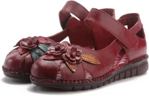 Women's Retro Genuine Leather Flowers Closed Toe Hollow Flat Sandals Comfy Breathe Anti-Slip Softsole Adjustable Ankle Strap Summer Mary Jane Shoes