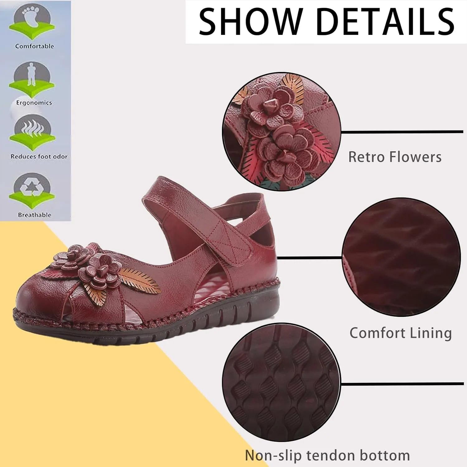 Women's Retro Genuine Leather Flowers Closed Toe Hollow Flat Sandals Comfy Breathe Anti-Slip Softsole Adjustable Ankle Strap Summer Mary Jane Shoes