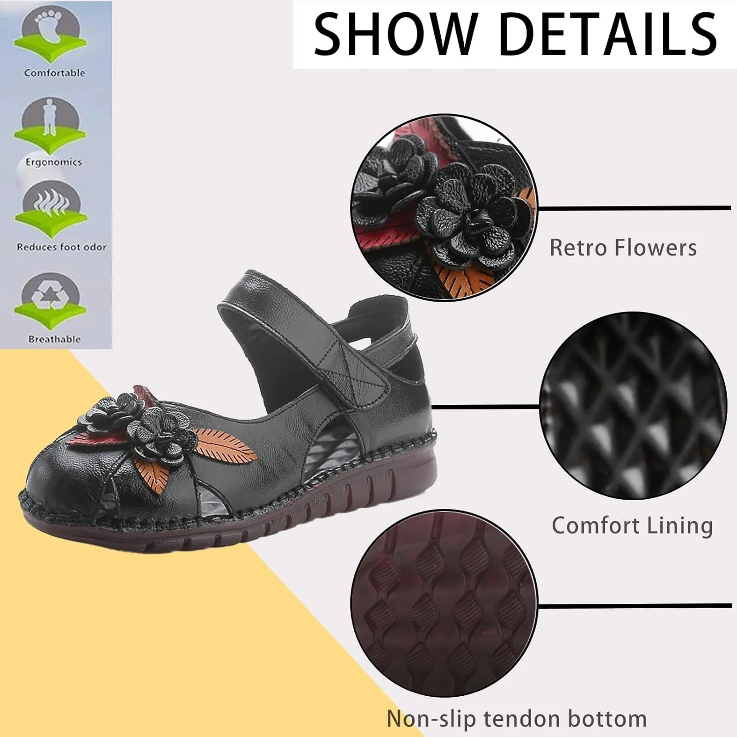Women's Retro Genuine Leather Flowers Closed Toe Hollow Flat Sandals Comfy Breathe Anti-Slip Softsole Adjustable Ankle Strap Summer Mary Jane Shoes