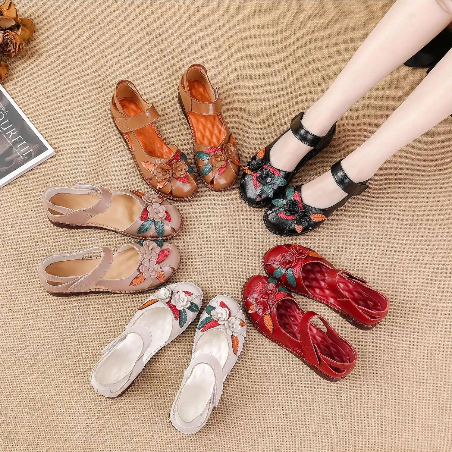 Women's Retro Genuine Leather Flowers Closed Toe Hollow Flat Sandals Comfy Breathe Anti-Slip Softsole Adjustable Ankle Strap Summer Mary Jane Shoes