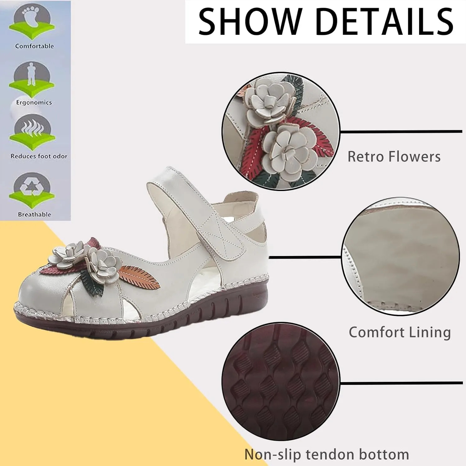 Women's Retro Genuine Leather Flowers Closed Toe Hollow Flat Sandals Comfy Breathe Anti-Slip Softsole Adjustable Ankle Strap Summer Mary Jane Shoes