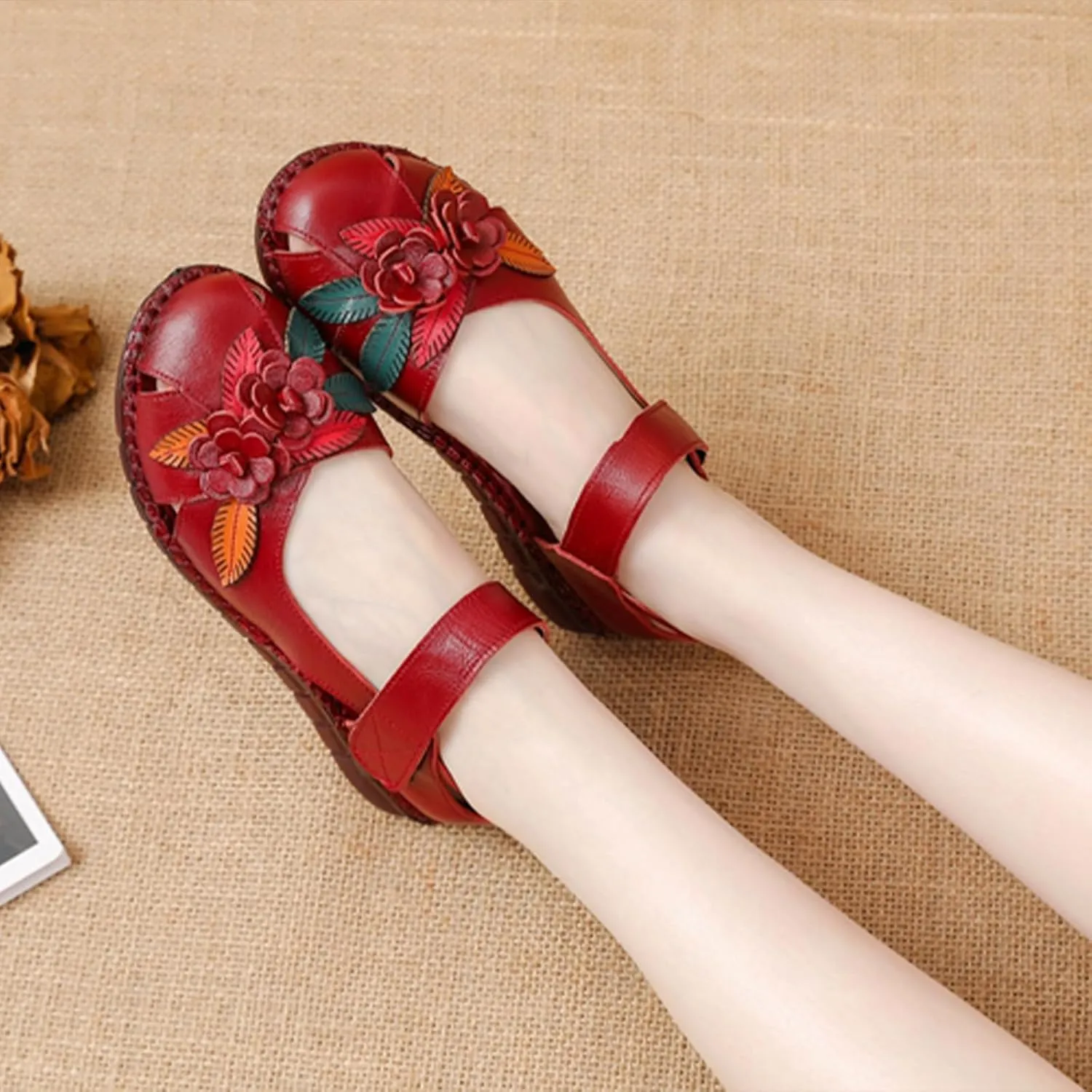 Women's Retro Genuine Leather Flowers Closed Toe Hollow Flat Sandals Comfy Breathe Anti-Slip Softsole Adjustable Ankle Strap Summer Mary Jane Shoes