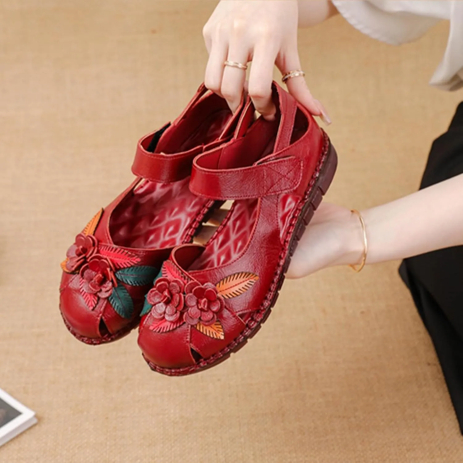 Women's Retro Genuine Leather Flowers Closed Toe Hollow Flat Sandals Comfy Breathe Anti-Slip Softsole Adjustable Ankle Strap Summer Mary Jane Shoes