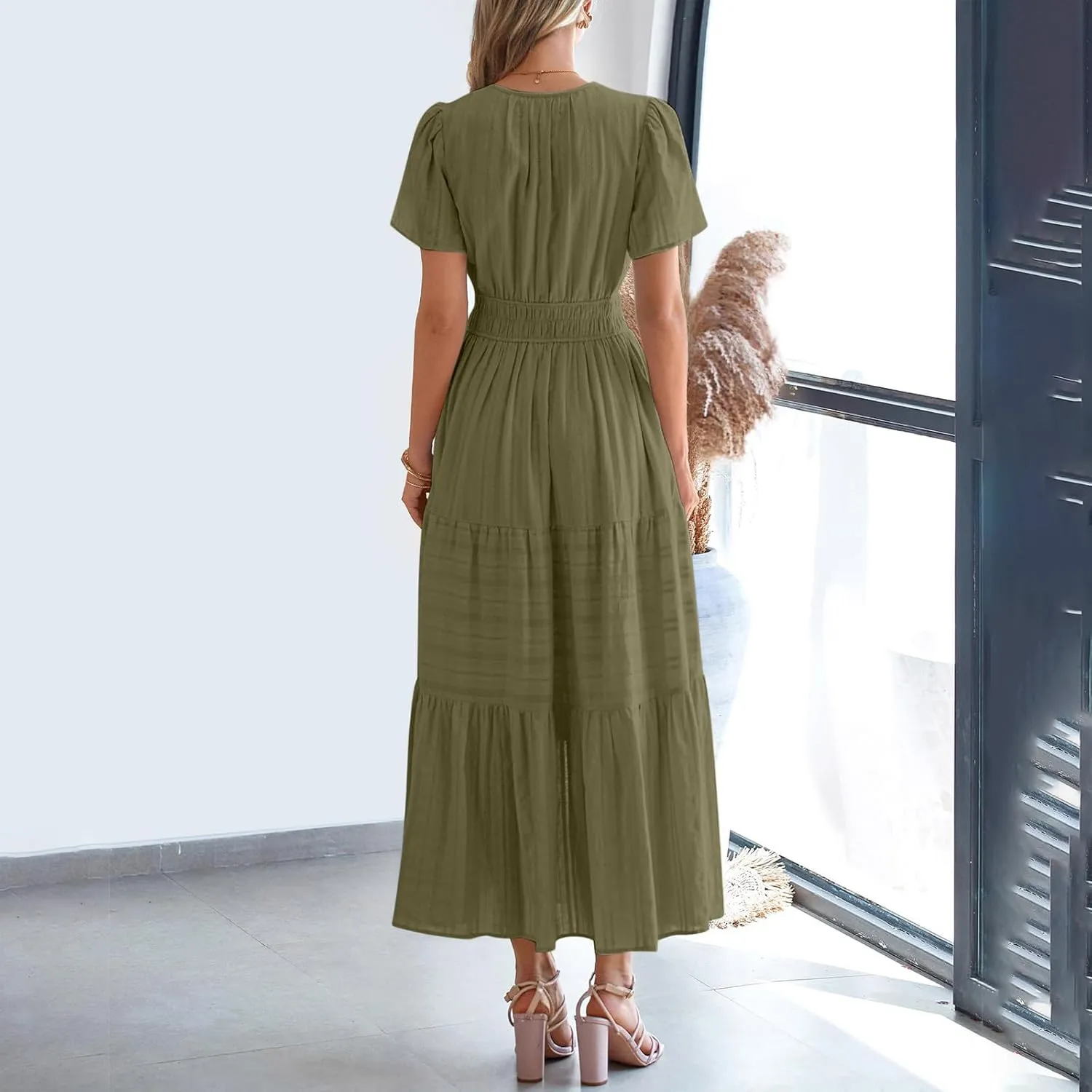 Women's Short Sleeve Fashion Sun Dress Simple Solid Color Beach Dresses Flowy Casual Clothes