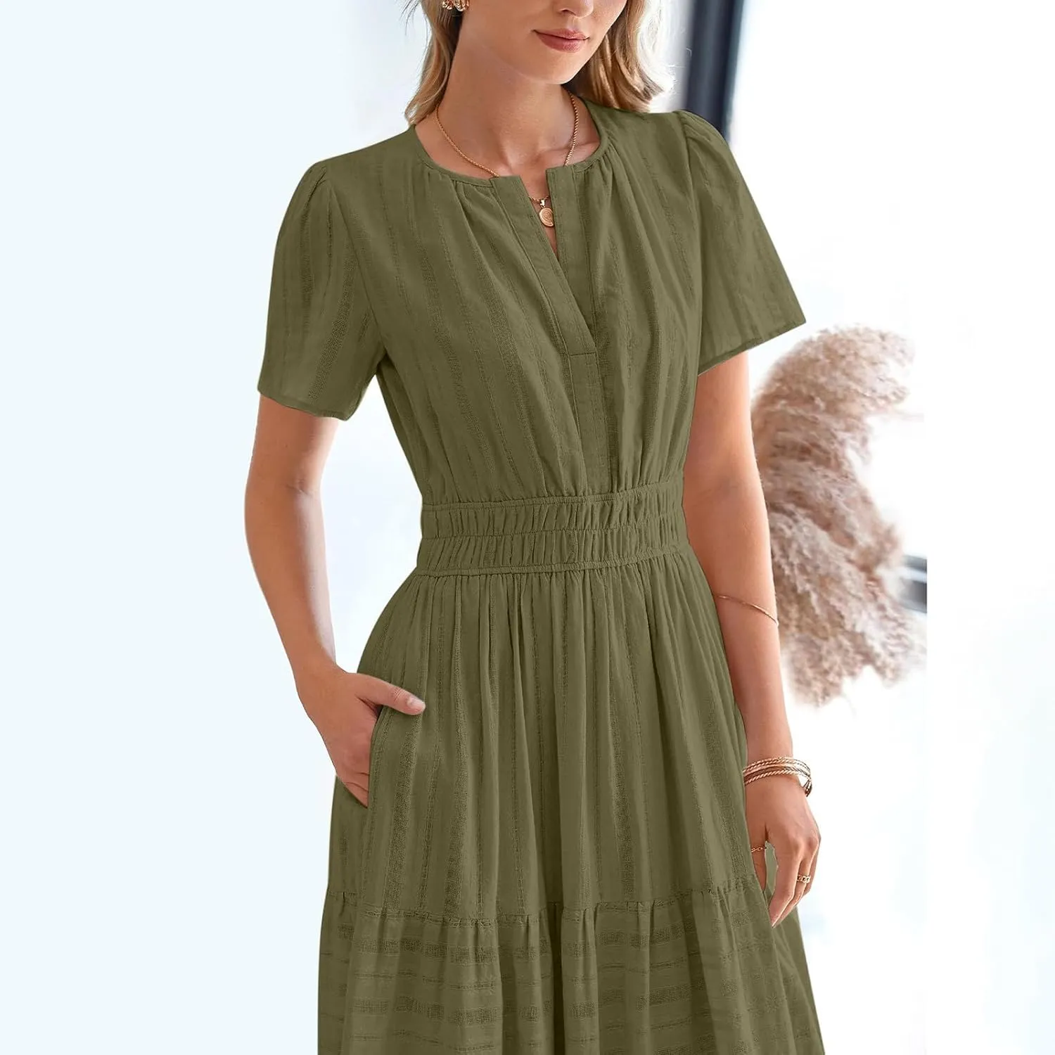 Women's Short Sleeve Fashion Sun Dress Simple Solid Color Beach Dresses Flowy Casual Clothes