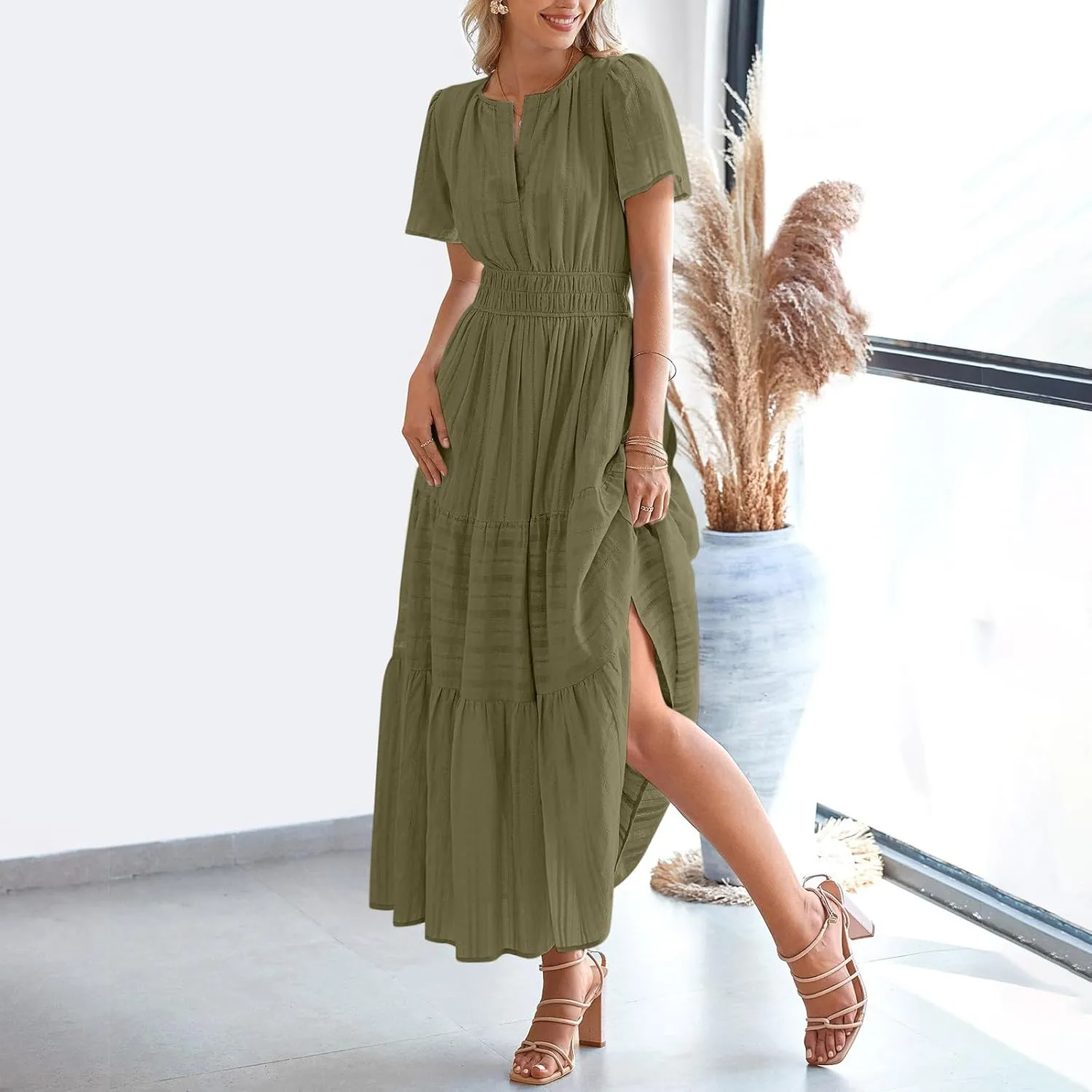 Women's Short Sleeve Fashion Sun Dress Simple Solid Color Beach Dresses Flowy Casual Clothes