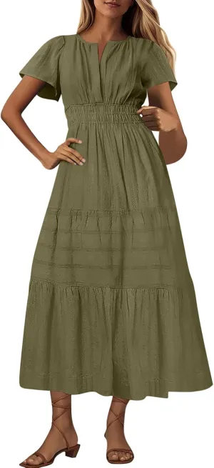 Women's Short Sleeve Fashion Sun Dress Simple Solid Color Beach Dresses Flowy Casual Clothes