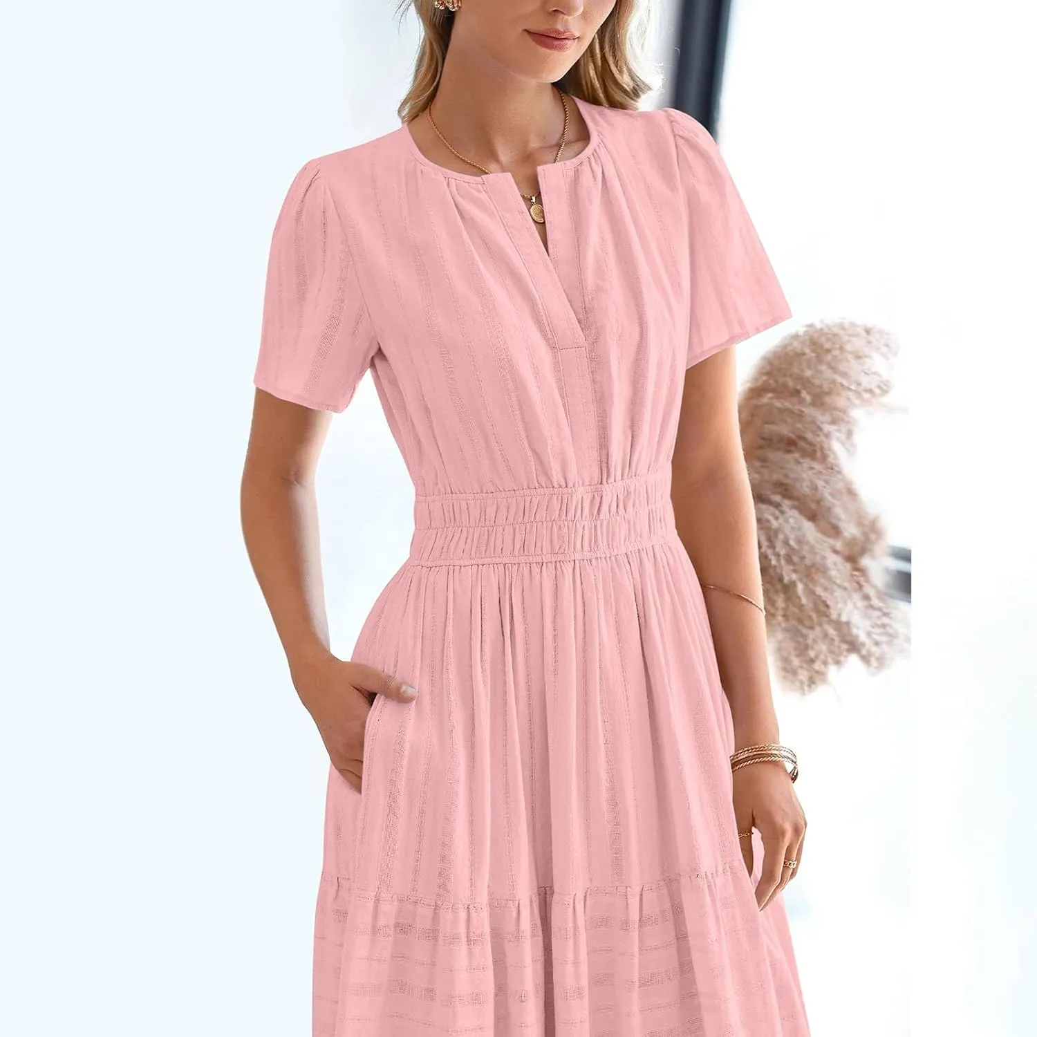 Women's Short Sleeve Fashion Sun Dress Simple Solid Color Beach Dresses Flowy Casual Clothes