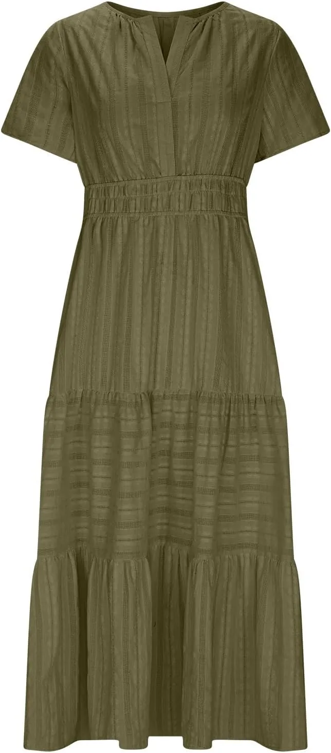 Women's Short Sleeve Fashion Sun Dress Simple Solid Color Beach Dresses Flowy Casual Clothes