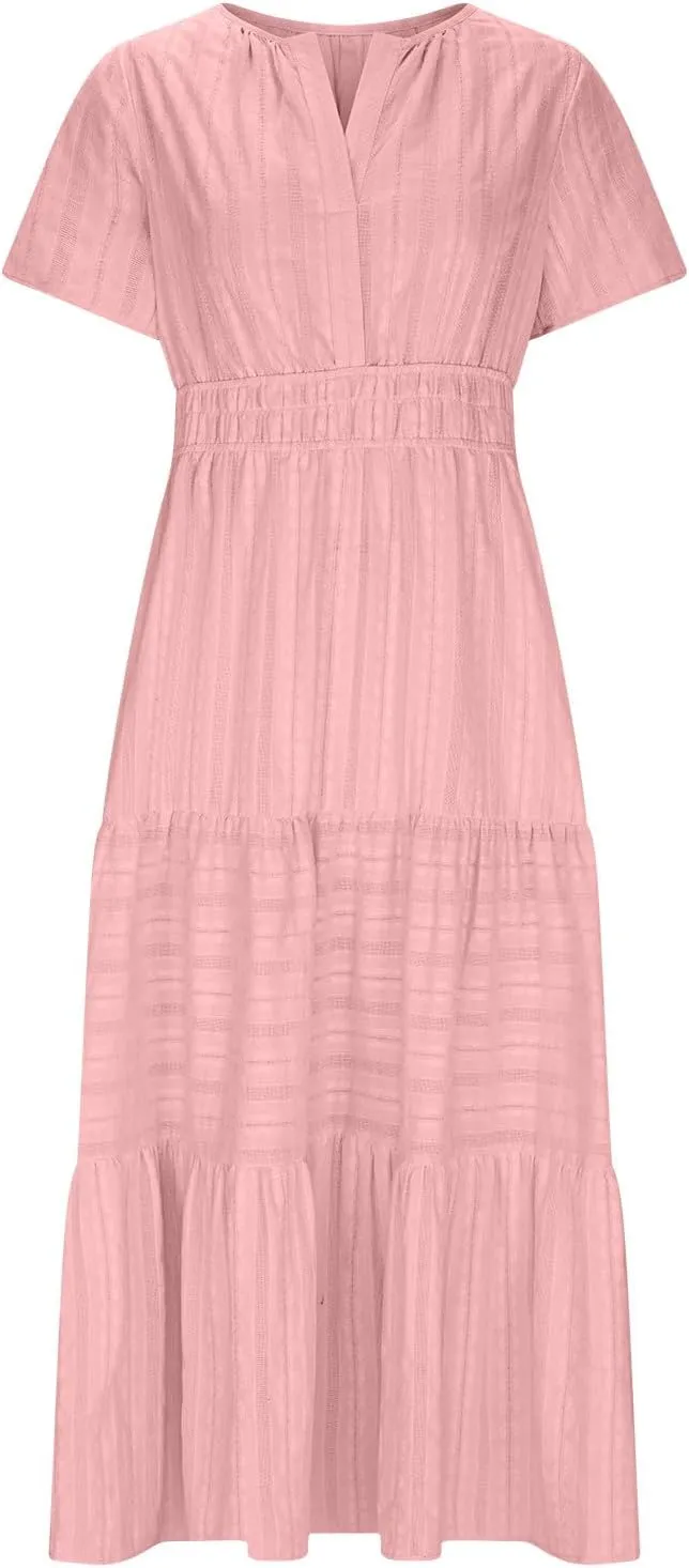 Women's Short Sleeve Fashion Sun Dress Simple Solid Color Beach Dresses Flowy Casual Clothes