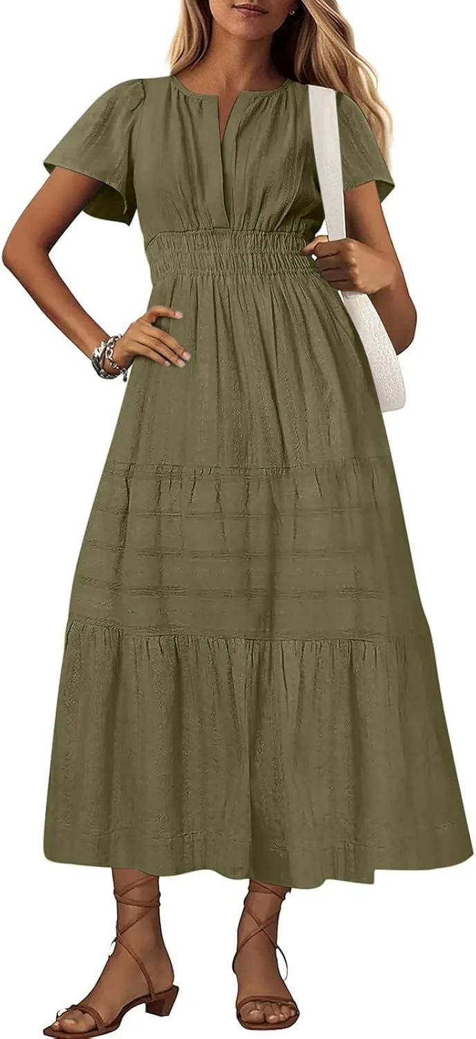 Women's Short Sleeve Fashion Sun Dress Simple Solid Color Beach Dresses Flowy Casual Clothes