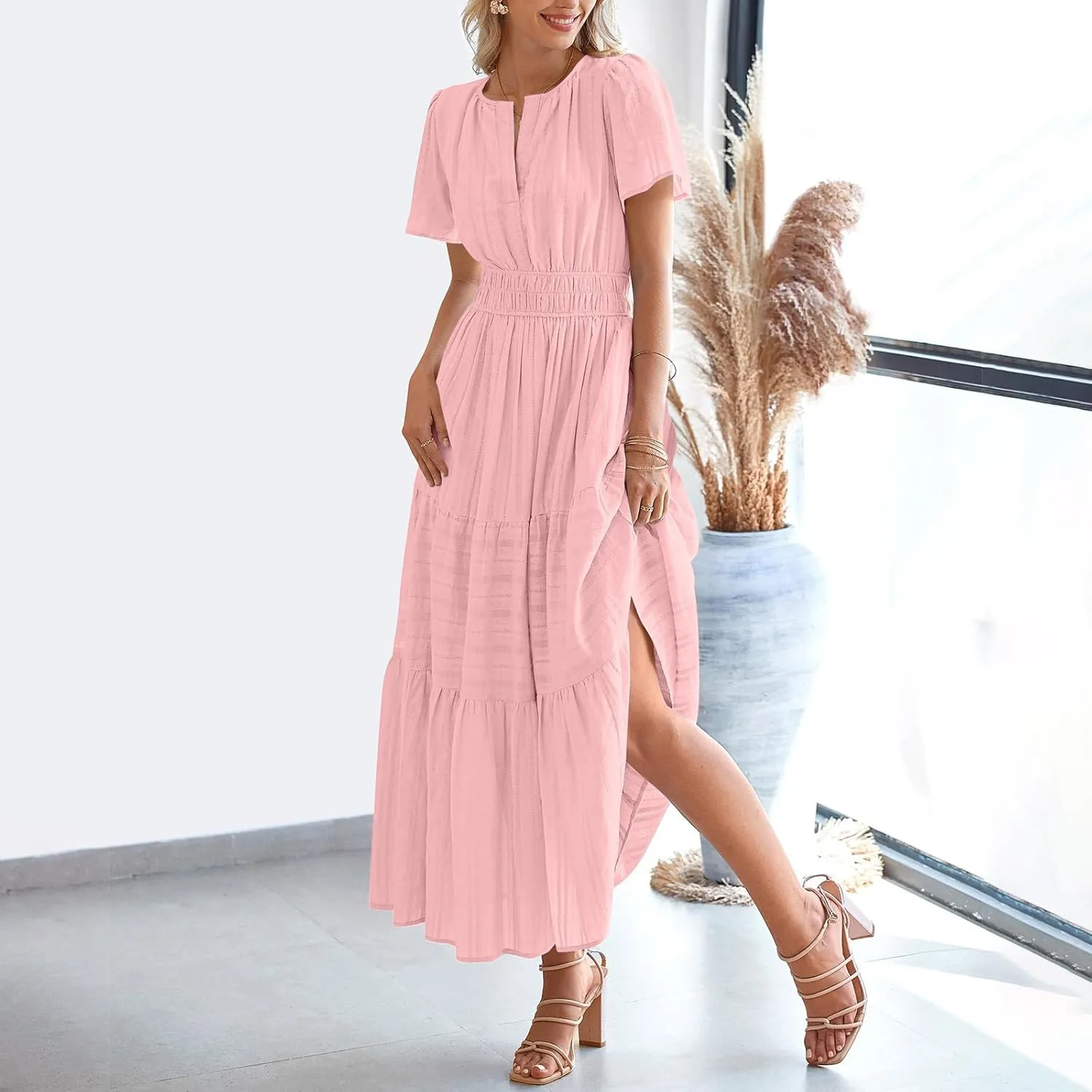 Women's Short Sleeve Fashion Sun Dress Simple Solid Color Beach Dresses Flowy Casual Clothes