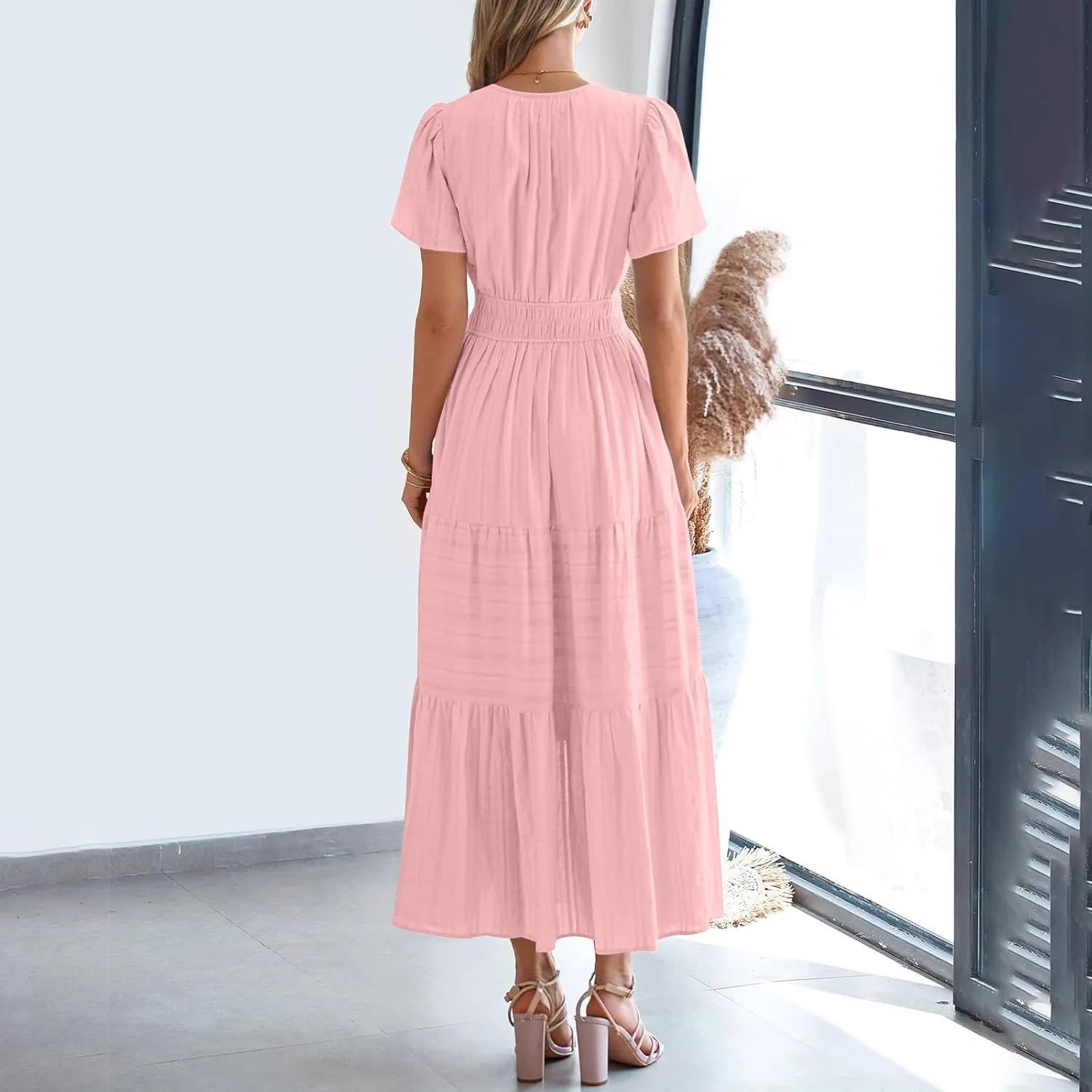 Women's Short Sleeve Fashion Sun Dress Simple Solid Color Beach Dresses Flowy Casual Clothes