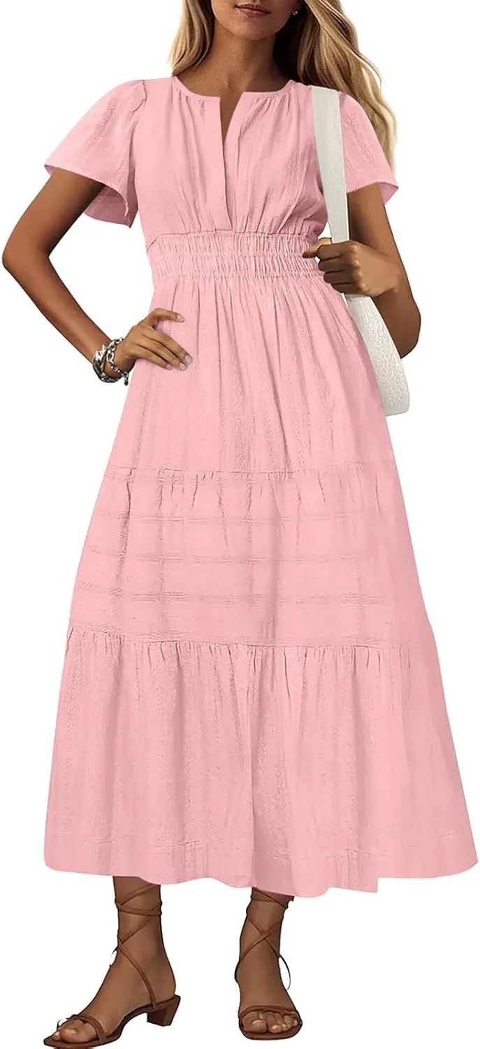 Women's Short Sleeve Fashion Sun Dress Simple Solid Color Beach Dresses Flowy Casual Clothes