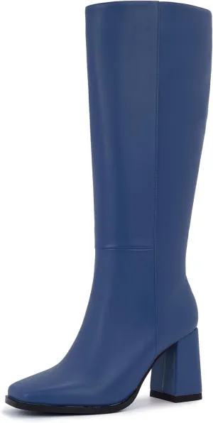 Women's Slim Calf Knee High Boots – Square Toe Block Heel Dress Boots, Side Zip Faux Leather Tall Boots for Narrow Calves, Fall & Winter Fashion
