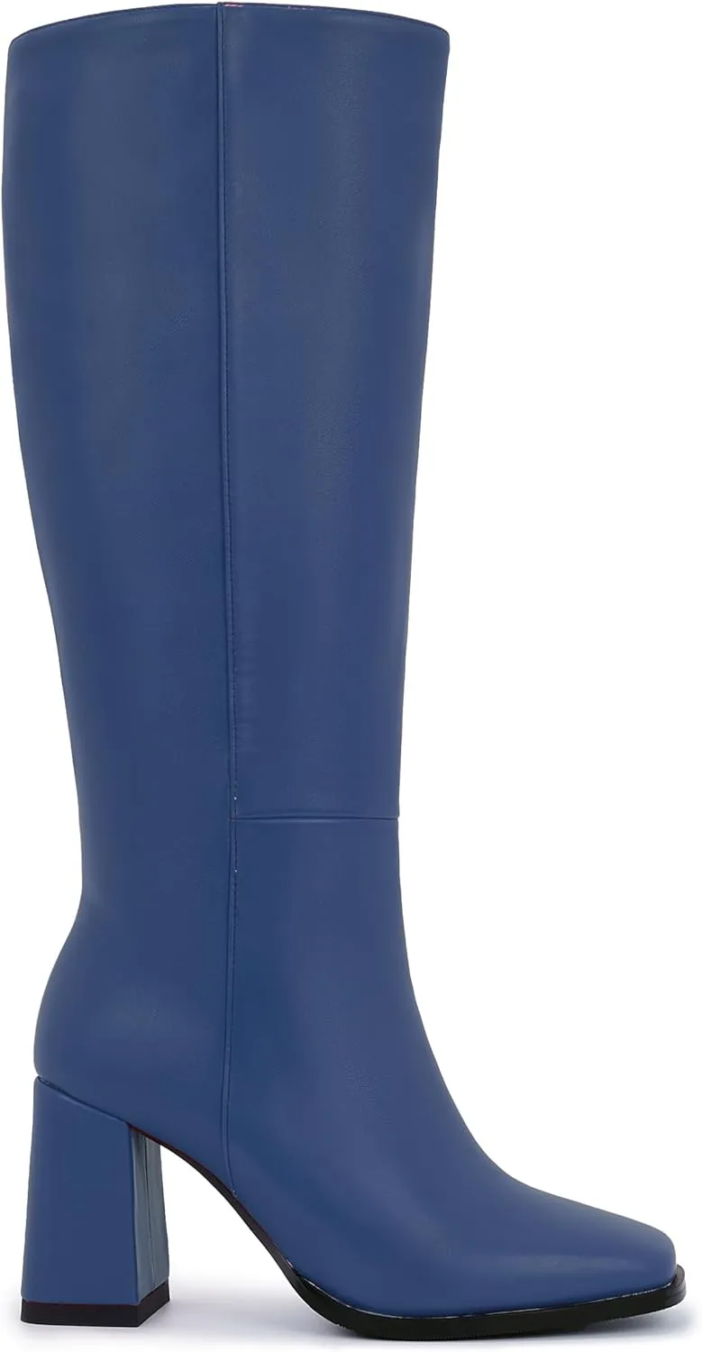 Women's Slim Calf Knee High Boots – Square Toe Block Heel Dress Boots, Side Zip Faux Leather Tall Boots for Narrow Calves, Fall & Winter Fashion