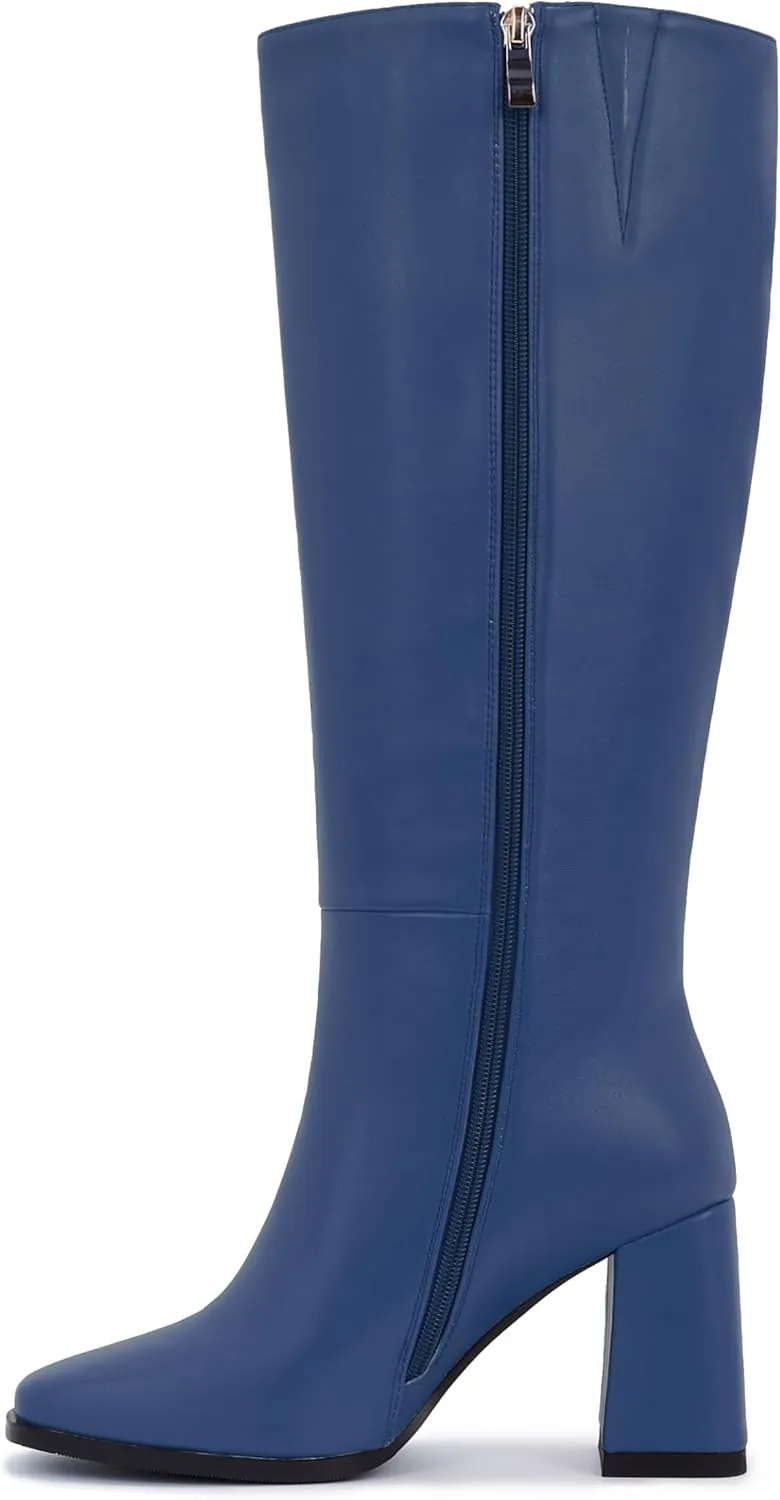 Women's Slim Calf Knee High Boots – Square Toe Block Heel Dress Boots, Side Zip Faux Leather Tall Boots for Narrow Calves, Fall & Winter Fashion