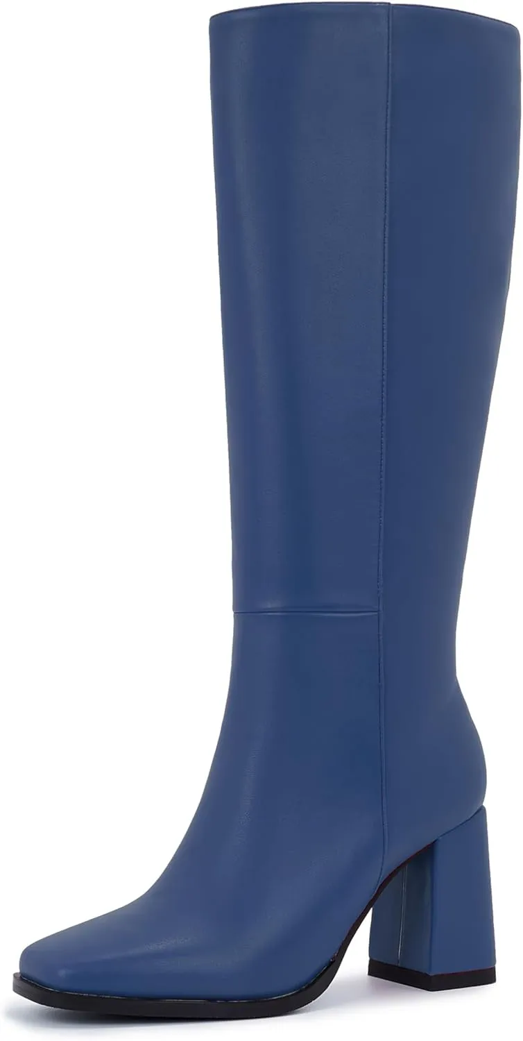 Women's Slim Calf Knee High Boots – Square Toe Block Heel Dress Boots, Side Zip Faux Leather Tall Boots for Narrow Calves, Fall & Winter Fashion